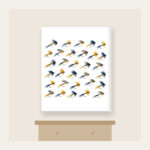 Trout Flies in Diagonal Rows Canvas Print in white: Tiny trout flies lined up in diagonal rows in navy, gold and cream.