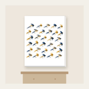 Trout Flies in Diagonal Rows Canvas Print in white: Tiny trout flies lined up in diagonal rows in navy, gold and cream.