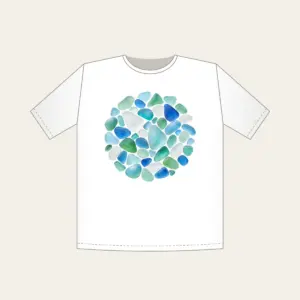 Sea-Glass Pebbles in Blues and Greens T-Shirt in white: Rounded sea-glass pebbles in pale blues, greens and frosted white.