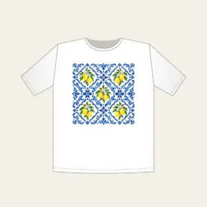 Cobalt Mediterranean Tiles with Lemons T-Shirt in white: An all-over repeat of Mediterranean-style tiles in cobalt and white with small lemon accents.