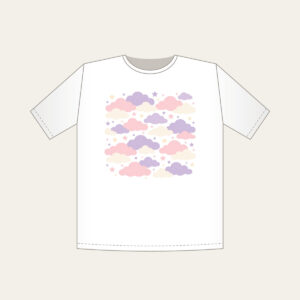 Lilac Cloud Rows T-Shirt in white: Rows of clouds in lilac, blush and cream with small stars between.