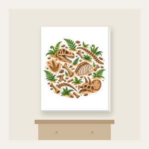 Dinosaur Bones and Fern Dig Scene Canvas Print in white: Dinosaur bones and curling ferns lie scattered across warm sand in earthy brown and green.