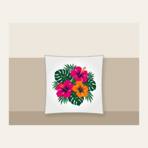 Hibiscus and Monstera Midnight Pillow in white: Magenta and orange hibiscus flowers with deep green monstera leaves on a navy base.
