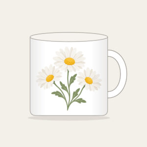 Chain of Three Daisies Mug in white: Three daisies in white and butter yellow link along a single sage stem.