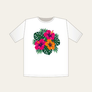 Hibiscus and Monstera Midnight T-Shirt in white: Magenta and orange hibiscus flowers with deep green monstera leaves on a navy base.