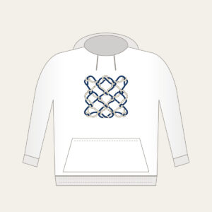 Navy Rope Knot Lines Hoodie in white: Rope knot lines weave across the artwork in navy and cream.
