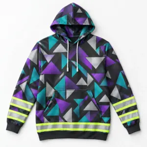 Night Run Geometric Hoodie with a bold geometric pattern of triangles in violet, teal and silver on charcoal