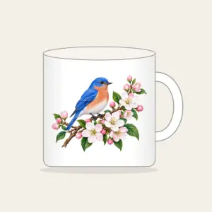Bluebird on a Blossom Branch Mug in white: A small bluebird rests on a branch of cobalt, white and pale pink blossoms.