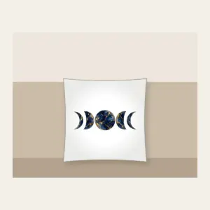 Gold-Veined Navy Marble with Moon Phases Pillow in white: A marbled navy field with gold veining and a row of five moon phases in the center.