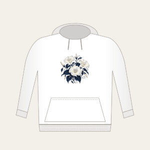 Night-Blooming Moonflowers over Navy Hoodie in white: Moonflowers in cream and silver glow over a navy ground.