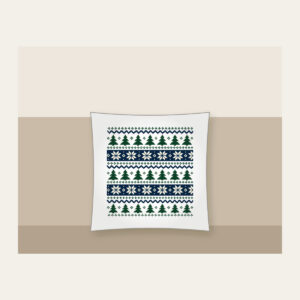 Fair-Isle Bands of Pines and Stars Pillow in white: Fair-isle bands of pines and stars in cream, forest green and navy repeat all over.
