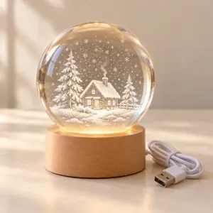 Snow Cabin Crystal Ball with a frosted white cabin engraving and wooden light base