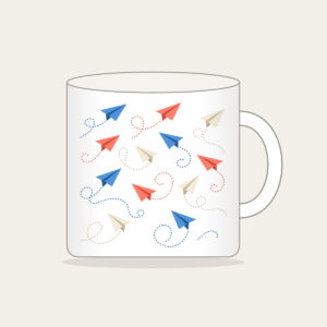 Paper Planes on Dotted Trails Mug in white: Little paper planes trail dotted paths in blue, coral and cream.