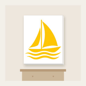 Little Sailboat on Three Ripples Canvas Print in white: A white and yellow sailboat glides above three ripple lines.