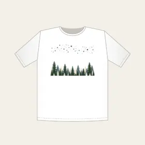 Pine Silhouettes under Scattered Stars T-Shirt in white: A band of pine silhouettes runs along the lower edge beneath a drift of tiny stars in slate, forest green and cream.
