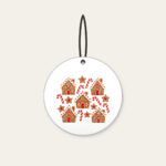 Gingerbread Houses and Candy Canes Ceramic Ornament in white: Little gingerbread houses, candy canes and stars dance across cream in brown and red.