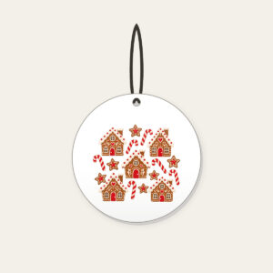 Gingerbread Houses and Candy Canes Ceramic Ornament in white: Little gingerbread houses, candy canes and stars dance across cream in brown and red.