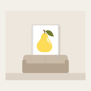 Butter Yellow Pear with Olive Leaf Fleece Blanket in white: A stylized butter-yellow pear with an olive leaf and a small cream highlight, drawn in a clean, rounded outline.
