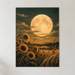 Harvest Moon Botanical Poster with a large harvest moon over sunflower and wheat silhouettes in amber, deep green and cream