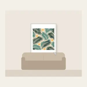 Palm Frond Shadows on Sand Fleece Blanket in white: A repeat of palm frond shadows in teal and deep green on a sandy cream base, with small sun circles.