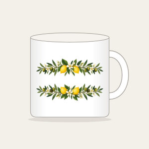 Olive and Lemon Branch Border Mug in white: Olive and lemon branches run along both long edges in green, gold and cream.