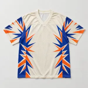 Starburst Mesh Football Jersey with a starburst pattern on mesh side panels in cobalt and orange over a cream body