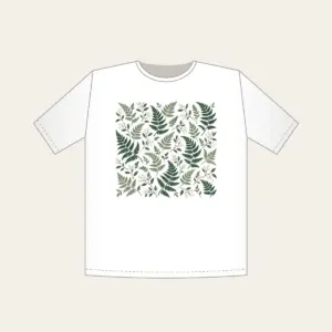 Fern and Berry Repeat T-Shirt in white: A repeat of ferns and tiny berries in sage, deep green and cream.
