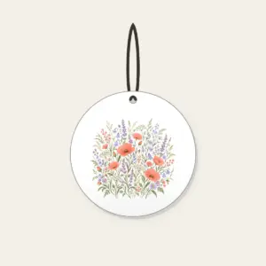 Coral and Lilac Wildflower Meadow Ceramic Ornament in white: Wildflowers and swaying grasses in coral, lilac and sage spread across a cream ground.