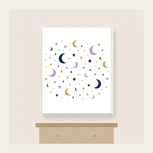 Scattered Stars and Crescents Canvas Print in white: Small stars and crescent moons scattered across the night in navy, lilac and gold.