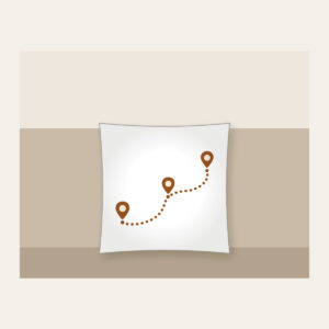 Dotted Route Linking Map Pins Pillow in white: A dotted route line connects small map pins in cream on warm brown.