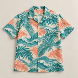 Lagoon Palm Regular Fit Hawaiian Shirt with all-over palm fronds and wave lines in teal, coral and cream