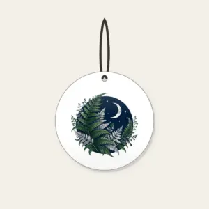 Moonlit Fern Fronds on Navy Ceramic Ornament in white: Silver and deep green fern fronds curl over navy beneath a small crescent moon.