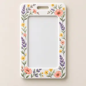 Wildflower Vertical ID Badge Holder with a printed border of wildflowers in lavender, coral and butter yellow around an empty window