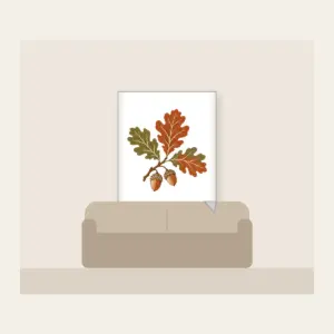 Oak Branch with Acorns Fleece Blanket in white: An oak branch with three leaves and two acorns in rust, olive and cream.