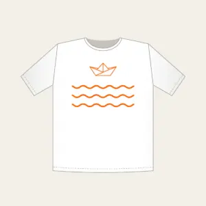 Paper Boat on Ripples T-Shirt in white: A folded paper boat on three ripple lines in white and orange.