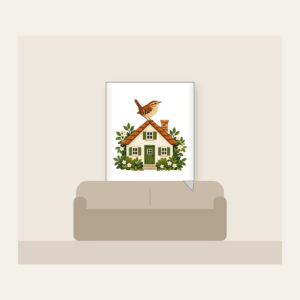 Wren on the Rooftop Fleece Blanket in white: A small house with a wren on its roof in warm brown, cream and green.