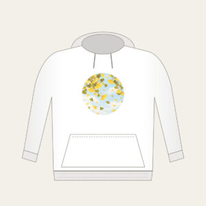Falling Ginkgo Leaves Hoodie in white: Ginkgo leaves drift down in butter yellow and olive across a pale, pastel sky.