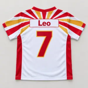 Kickoff Kid Mesh V-Neck Jersey with Name Patch with back view: sunburst stripes across the shoulders in red, gold and white with a rectangular name patch area below the collar reading "Leo" and the number "7" beneath it