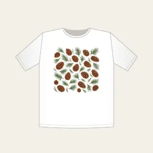 Scattered Pine Cones and Needles T-Shirt in white: Pine cones and needles scatter in brown and green.