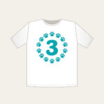 Teal Paw Circle with Number Three T-Shirt in white: A ring of small white paw marks on teal circling the number “3”.