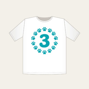 Teal Paw Circle with Number Three T-Shirt in white: A ring of small white paw marks on teal circling the number “3”.