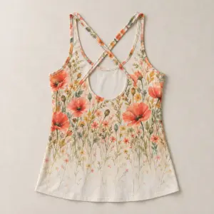 Poppy Field Criss Cross Back Tank with all-over watercolour print of poppies and grasses in coral, gold and green, density fading toward the hem