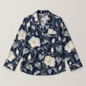 Moonflower Satin Pajama Shirt with night-blooming moonflowers in cream and silver over navy