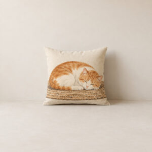 Loaf Cat Hearth Pillow with a loaf-shaped orange and cream cat sleeping on a woven rug