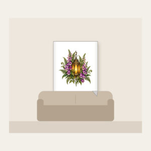 Lantern Among Foxgloves and Ferns Fleece Blanket in white: A suspended lantern glows amber among violet foxgloves and green fern leaves on a pale stone ground.