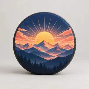 Mountain Sunrise Spare Tire Cover with a mountain range at sunrise with a golden sun disc at the center in navy, coral and gold