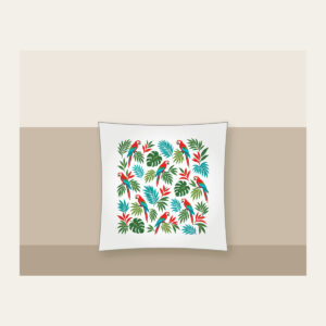 Parrots and Palm Leaves Repeat Pillow in white: Small parrots and palm leaves repeat in red, turquoise and green on cream.