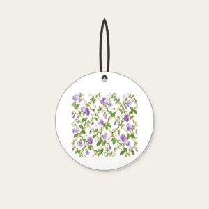 Sweet Peas Climbing a Lattice Ceramic Ornament in white: Sweet peas climb an all-over lattice in lilac and green on cream.