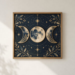 Single acrylic-backed wooden frame with three original moon motifs
