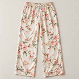 Peach Blossom Satin Pajama Pants with scattered peach blossoms and branches in peach, rose and pale green on cream satin